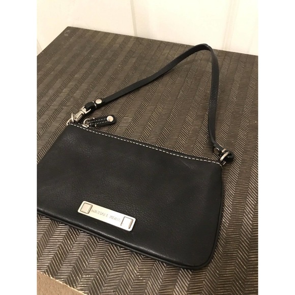 MICHAEL KORS Black Leather Wristlet, Silver Zip, Small Clutch Pouch - Picture 2 of 16